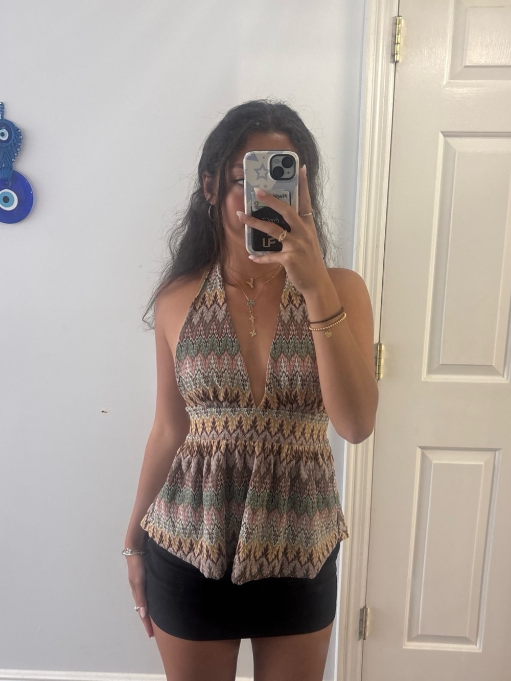 Abbeline Multicolor Zigzag Halter Peplum Top